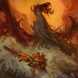 1boy armor battle bone capelet claws crown dragon dragon_tail dragon_wings full_armor garrett_hanna gun gunlance holding holding_gun holding_polearm holding_shield holding_weapon huge_weapon knight monster monster_hunter:_world monster_hunter_(character) monster_hunter_(series) open_mouth polearm red_armor rotting shield slinger_(monster_hunter) spikes tail teostra_(armor) torn_wings vaal_hazak veil weapon wings