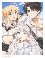 1girl 2boys ahoge artist_name artoria_caster_(fate) artoria_caster_(swimsuit_berserker)_(fate) artoria_caster_(swimsuit_berserker)_(first_ascension)_(fate) artoria_pendragon_(fate) bag bikini black_hair blonde_hair blue_eyes bow citrusarjun closed_mouth cloud colored_tips cropped_jacket double_v fate/grand_order fate_(series) food fujimaru_ritsuka_(male) fujimaru_ritsuka_(male)_(summer_street) green_eyes grin hand_around_neck high_collar highres hood hoodie ice_cream long_sleeves looking_at_viewer multicolored_bikini multicolored_hair multiple_boys navel oberon_(fate) oberon_(refreshing_summer_prince)_(fate) one_eye_closed open_mouth orange_shirt parka shirt shorts sky smile star_(sky) star_(symbol) swimsuit taking_picture teeth twintails two-tone_bikini v watch white_hair white_hoodie wide_sleeves wristwatch