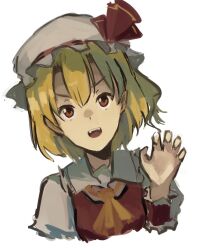 ascot blonde_hair cropped_torso fangs flandre_scarlet hat kornod looking_at_viewer medium_hair mob_cap portrait red_ascot red_eyes straight-on touhou white_hat