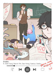 1other 2girls 3boys @_@ academic_test animal_ears aqua_eyes arm_up back black-framed_eyewear black_boots black_eyes black_jacket black_pants black_skirt black_socks blue_eyes blue_sweater book boots bow bowtie brown_hair brown_vest buttons caelus_(honkai:_star_rail) chair chalkboard character_name classroom closed_eyes closed_mouth collared_shirt commentary creature crossed_arms crying crying_with_eyes_open dan_heng_(honkai:_star_rail) desk dual_persona english_commentary english_text fingernails flower fur_trim giving_up_the_ghost glasses goggles goggles_on_head green_vest grey_hair grey_skirt hair_flower hair_ornament hand_up hands_up holding holding_book holding_paper honkai:_star_rail honkai_(series) hood hooded_jacket indoors jacket lapels long_hair long_sleeves looking_at_viewer lying march_7th_(honkai:_star_rail) multicolored_eyes multicolored_hair multiple_boys multiple_girls necktie on_side open_clothes open_jacket open_robe pants paper pink_hair plaid_clothes plaid_skirt pleated_skirt pom-pom_(honkai:_star_rail) puffy_long_sleeves puffy_sleeves rabbit_ears red_shirt robe sad sallyatoyota school_desk screaming seiza shirt short_hair sitting skirt socks standing stelle_(honkai:_star_rail) streaked_hair streaming_tears sweatdrop sweater tears test_score trailblazer_(honkai:_star_rail) two-sided_fabric two-sided_jacket v vest watch welt_yang white_flower white_hair white_robe white_shirt white_socks wristwatch x_x yellow_bow yellow_bowtie yellow_eyes yellow_jacket yellow_necktie