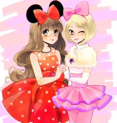 animal_ears blonde_hair bow brown_eyes brown_hair daisy_duck disney dress gloves hair_bow humanization long_hair looking_at_viewer mickey_mouse_&amp;_friends minnie_mouse mouse_ears personification polka_dot puffy_sleeves sarara1119 shirt short_hair short_sleeves smile