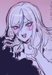 blue_hair blush female_focus heterochromia highres monochrome multicolored_eyes multicolored_hair open_mouth pink_eyes red_eyes simple_background sketch skr_umum teeth the_hundred_line_-last_defense_academy- tongue v&#039;ehxness white_hair