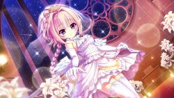 1girl altar angel_wings ascot bare_shoulders blonde_hair blue_eyes braid breasts bridal_veil bride brooch closed_mouth crown_braid dot_nose dress dutch_angle elbow_gloves feathered_wings film_grain flower from_below game_cg garter_straps gloves green_brooch izumi_tsubasu jewelry large_breasts layered_skirt lens_flare lily_(flower) long_braid long_hair looking_at_viewer mole mole_under_each_eye mole_under_eye multiple_moles night night_sky non-web_source official_art re:stage! shiratori_amaha_(re:stage!) shooting_star sideboob single_braid skirt skirt_hold sky smile solo sparkle star_(sky) starry_sky thighhighs tiara veil wedding wedding_dress white_ascot white_dress white_flower white_garter_straps white_gloves white_lily white_skirt white_thighhighs white_wings wings