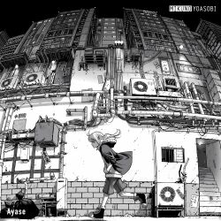 1girl absurdres air_conditioner bad_link building city cityscape fisheye from_side greyscale hands_in_pockets highres hood hood_down monochrome omao original outdoors scenery shorts side_ponytail sign solo stairs third-party_source trash_bag urban wide_shot wire