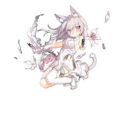 +_+ 1girl aiming aiming_at_viewer animal_ears blush breasts closed_mouth dress eyes_visible_through_hair floating_hair flower full_body garter_belt girls&#039;_frontline glint grey_shoes gun handgun high_heels holding holding_gun holding_weapon lily_(flower) long_hair looking_at_viewer medium_breasts official_alternate_costume official_art on_one_knee p7_(girls&#039;_frontline) p7_(pinky_swear)_(girls&#039;_frontline) purple_eyes saru shoes sideboob simple_background smile solo swept_bangs symbol-shaped_pupils tail thighhighs torn_clothes torn_dress torn_thighhighs transparent_background weapon white_dress white_flower white_thighhighs