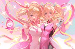 2girls absurdres bare_shoulders blonde_hair blue_eyes blush bridal_gauntlets closed_mouth criss-cross_halter dress dual_persona fingerless_gloves gloves hair_ornament hair_ribbon halo halterneck hand_up highres mercy_(overwatch) multiple_girls one_eye_closed overwatch overwatch_2 pachimari pink_background pink_bridal_gauntlets pink_gloves pink_hair pink_lips pink_mercy ribbon rose_gold_mercy side_slit smile traditional_halo twintails two-tone_dress upper_body westwheat white_dress