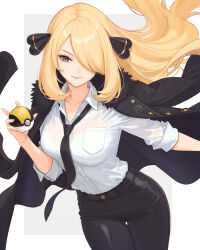 1girl absurdres alternate_costume black_jacket black_necktie black_pants breasts closed_mouth collared_shirt cynthia_(pokemon) floating_hair fur-trimmed_jacket fur_trim grey_eyes hair_ornament highres holding holding_poke_ball jacket jacket_on_shoulders long_hair medium_breasts necktie nintendo pants poke_ball pokemon pokemon_dppt shirt smile solo truejekart ultra_ball very_long_hair white_shirt