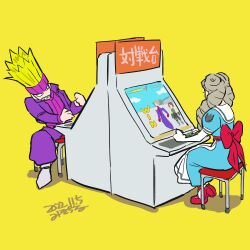 Rule 34 | 1boy, 1girl, aqua dress, arcade cabinet, blonde hair, dated, dress, elbow gloves, gloves, headband, jacket, justice gakuen, kazama akira, kirishima kurou, kirishima yurika, light brown hair, misodiru, moero! justice gakuen, purple jacket, red footwear, red ribbon, ribbed shirt, ribbon, sharp teeth, shiritsu justice gakuen, shirt, spiked hair, teeth, translation request, turtleneck, white gloves, yamada eiji