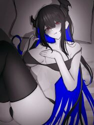 Rule 34 | 1girl, absurdres, ass, asymmetrical horns, black hair, blue hair, blush, bra, breasts, colored inner hair, commentary, english commentary, highres, hololive, hololive english, horns, knees up, large breasts, looking at viewer, lying, mole, mole under eye, multicolored hair, navel, nerissa ravencroft, on back, panties, red eyes, soju ice, solo, thighhighs, underwear, virtual youtuber