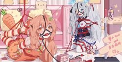 Rule 34 | 2girls, abigcarrot owo, absurdres, anal beads, anal tail, angel wings, apron, artist name, ball gag, bdsm, blush, bondage, bound, butt plug, character name, countdown, fake tail, gag, gagged, hair ornament, highres, indoors, long hair, looking at viewer, multiple girls, orange apron, orange eyes, orange hair, orange thighhighs, original, peril, restrained, school uniform, scissors, serafuku, sex toy, shibari, tail, thighhighs, white hair, white thighhighs, wings