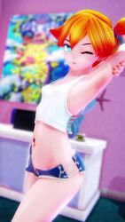 Rule 34 | 1girl, 3d, amv, animated, aqua eyes, ass, asteriskmmd, asymmetrical hair, audible music, bare shoulders, bent over, blush, breasts, dancing, denim, denim shorts, gen 1 pokemon, gen 2 pokemon, green eyes, gym leader, hair tie, highres, legs, looking at viewer, mikumikudance (medium), misty (pokemon), music, music video, navel, nintendo, orange hair, petite, pokemon, pokemon lgpe, ponytail, shirt, shoes, short hair, short shorts, shorts, side ponytail, small breasts, sneakers, sound, sportswear, standing, stomach, tagme, thighs, video, white shirt, wooper