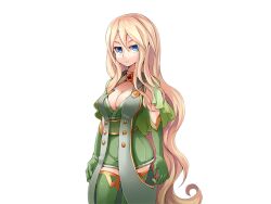 Rule 34 | 1girl, arms at sides, blonde hair, blue eyes, breasts, cleavage, closed mouth, detached sleeves, frfr, game cg, gem, gold trim, green sleeves, green thighhighs, hair between eyes, jewelry, large breasts, light frown, long hair, micaela (mon-musu quest!), mon-musu quest!, mon-musu quest: paradox, nose, red gemstone, solo, thighhighs, variant set, very long hair