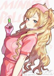 1girl alternate_costume asava_(hutaitenn) blonde_hair blue_eyes character_name dress dutch_angle gloves hair_ornament hairclip hat highres kantai_collection minneapolis_(kancolle) nurse nurse_cap one-hour_drawing_challenge pink_dress pink_gloves solo syringe two_side_up