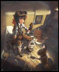 1girl absurdres black_border book book_stack border bow bread bread_slice brown_overalls ccandids character_request commentary constanze_amalie_von_braunschbank-albrechtsberger dirty dirty_clothes dirty_face empty_box english_commentary eyewear_on_head food food_on_floor generator gloves goggles hair_bow highres holding holding_screwdriver indoors little_witch_academia long_hair low-tied_long_hair open_box overalls ponytail red_bow robot rolled_up_paper screwdriver sidelighting sitting_on_book solo toast twitter_username