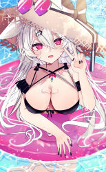 1girl :o @_@ absurdres afloat animal_ears blush breasts cleavage eyelashes eyewear_on_head fang hair_between_eyes hair_ornament hairpin hat highres holding_floatie large_breasts long_hair nail_polish open_mouth original pale_skin pink_eyes pool summer sun_hat swimsuit upper_body v very_long_hair water wet white_hair yuzukiyuno_(yunmu_g)