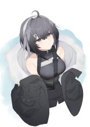 Rule 34 | 1girl, absurdres, ahoge, arknights, bare shoulders, black hair, black jacket, breasts, chinese commentary, closed mouth, commentary, cropped torso, eyes visible through hair, hair between eyes, hair intakes, hair ornament, hairclip, highres, jacket, la pluma (arknights), light blush, looking up, medium breasts, off shoulder, purple eyes, sarea (sarea2020), short hair, sleeveless, sleeveless jacket, solo, strap, unfinished, white background