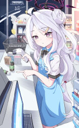 1girl absurdres ahoge apron barcode_scanner basket black_halo black_horns blue_apron blue_archive bottle bow bowtie breasts chousetsu_(chongvon) commentary demon_horns from_side halo highres hina_(blue_archive) holding holding_barcode_scanner horns long_hair looking_at_viewer peroro_(blue_archive) purple_eyes short_sleeves small_breasts solo store_clerk very_long_hair