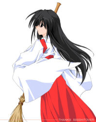 1girl 2000s_(style) bad_id black_eyes black_hair broom commentary_request cowboy_shot detached_sleeves dress from_behind hakama holding holding_broom japanese_clothes long_hair looking_afar miko milestone_celebration open_mouth original red_dress red_hakama simple_background solo tokita very_long_hair white_background white_sleeves wide_sleeves