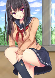 1girl adjusting_sock aqua_panties black_hair black_socks blush female_focus groin_tendon highres kneehighs kurokami_(kurokaminohito) long_hair looking_at_viewer original panties pantyshot school_uniform serafuku skirt socks solo standing standing_on_one_leg sweater thighs underwear window