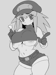 Rule 34 | 1girl, breasts, champchidi, cowboy shot, crop top, curvy, eyelashes, furrowed brow, gloves, greyscale, hands up, hat, highres, index finger raised, large breasts, light blush, long hair, looking at viewer, mega man (series), mega man legends (series), micro shorts, monochrome, navel, newsboy cap, nipple slip, nipples, puff of air, roll caskett (mega man), shirt, shorts, sleeveless, sleeveless shirt, solo, spiked hair, sweat, sweatdrop, turtleneck, turtleneck shirt, underboob