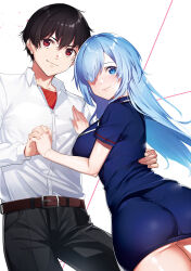 Rule 34 | 1boy, 1girl, alternate hair length, alternate hairstyle, aoyagi rio, ass, belt, black hair, black pants, blue eyes, blue hair, blue jacket, blue skirt, cleaned, cover, cover page, destiny lovers, dress shirt, hair over one eye, hand on another&#039;s chest, hand on another&#039;s waist, highres, holding hands, interlocked fingers, jacket, lapels, long hair, manga cover, misato takuma, official alternate hair length, official alternate hairstyle, official art, paint splatter, pants, pencil skirt, red eyes, shirt, short hair, simple background, skirt, smile, thighs, third-party edit, third-party source, tomohiro kai, white background, white shirt
