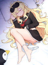 Rule 34 | 1girl, absurdres, ass, barefoot, bed sheet, black serafuku, black skirt, boxcutter, breasts, closed eyes, commentary, counter:side, edith twins, frilled skirt, frills, highres, knees up, large breasts, legs, long hair, long sleeves, lying, mask, mask on head, miniskirt, neckerchief, nya hot, on side, panties, panties around one ankle, parted lips, pillow, pliers, red neckerchief, school uniform, screwdriver, serafuku, single bare leg, skirt, sleep mask, sleeping, solo, stuffed animal, stuffed penguin, stuffed toy, thighs, underwear, wavy hair, white panties