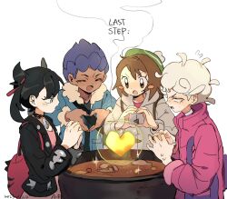 Rule 34 | 2boys, 2girls, :d, arrcticc fish, backpack, bag, bede (pokemon), black hair, black jacket, blonde hair, blush stickers, brown eyes, brown hair, cardigan, closed eyes, coat, commentary, cooking pot, curry, dress, eyelashes, flying sweatdrops, food, gloria (pokemon), green eyes, green hat, grey cardigan, hair ribbon, hat, heart, heart hands, highres, hop (pokemon), jacket, long sleeves, marnie (pokemon), multiple boys, multiple girls, nintendo, open mouth, pink bag, pink coat, pink dress, pokemon, pokemon swsh, red ribbon, ribbon, shirt, short hair, smile, sweat, tam o&#039; shanter, twintails