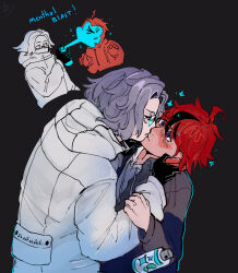 2boys ahoge aotsuki_eito black_background black_gloves black_hair blue_eyes blush glasses gloves grey_hair height_difference highres hood hoodie kiss male_focus messy_hair multicolored_eyes multicolored_hair multiple_boys red_eyes red_hair simple_background spray_can sumino_takumi the_hundred_line_-last_defense_academy- yaoi