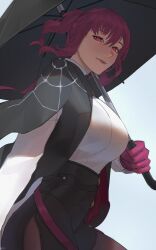 1girl absurdres black_coat black_umbrella breasts brown_pantyhose closed_mouth coat gloves highres holding holding_umbrella honkai:_star_rail honkai_(series) kafka_(honkai:_star_rail) kuraasa_5 large_breasts long_sleeves looking_at_viewer pantyhose pink_eyes pink_gloves purple_hair shirt smile solo umbrella upper_body white_shirt