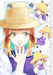 Rule 34 | animal print, blonde hair, blunt bangs, blunt ends, brown hat, chibi, chibi inset, frog, frog print, hair ribbon, hand to own mouth, hat, highres, konruri blue, moriya suwako, multiple views, nail polish, purple skirt, purple vest, pyonta, ribbon, skirt, skirt set, touhou, tress ribbon, vest, wide sleeves