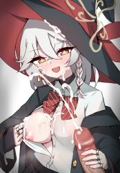 1girl absurdres black_jacket black_skirt blue_archive blush bow bowtie braid breasts bukkake censored check_commentary collared_shirt commentary_request covered_erect_nipples crossed_bangs cum cum_on_body cum_on_breasts cum_on_clothes cum_on_upper_body diagonal-striped_bow diagonal-striped_bowtie diagonal-striped_clothes ejaculation erection eri_(blue_archive) facial flashing grey_hair halo handjob hat highres jacket jewelry large_breasts long_hair long_sleeves looking_at_viewer mosaic_censoring multicolored_hair multiple_rings nipples open_clothes open_mouth open_shirt orange_eyes orange_halo penis pleated_skirt pueichigo red_bow red_bowtie red_hair ring shirt side_braid simple_background single_braid skirt steam streaked_hair striped_bow striped_bowtie striped_clothes upper_body white_background white_shirt witch_hat
