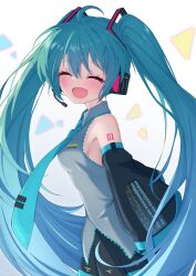 Rule 34 | 1girl, :d, ^ ^, absurdres, ahoge, aqua hair, aqua necktie, aqua trim, arm tattoo, armpit crease, black skirt, black sleeves, blush, breasts, closed eyes, collared shirt, commentary, detached sleeves, facing viewer, frilled shirt, frills, from side, hair between eyes, hair ornament, hatsune miku, headset, highres, long hair, magarikado (mgrkd), microphone, miku day, necktie, open mouth, page number, pleated skirt, shirt, sidelocks, simple background, skirt, sleeveless, sleeveless shirt, small breasts, smile, solo, tattoo, tie clip, untucked shirt, upper body, very long hair, vocaloid, white background, white shirt, wide sleeves