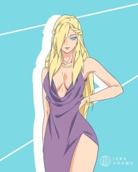 Rule 34 | 1girl, bead necklace, beads, blonde hair, blue background, blue eyes, bracelet, breasts, center opening, cleavage, dress, gold bracelet, hair over one eye, hand on own hip, highleg, highleg dress, highres, isra draws, jewelry, long hair, looking at viewer, medium breasts, naruto (series), naruto shippuuden, necklace, purple dress, sleeveless, sleeveless dress, solo, thighs, very long hair, yamanaka ino