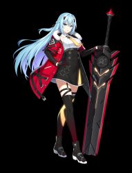 1girl belt black_boots black_gloves black_skirt black_thighhighs blue_eyes blue_hair boots braid breasts claymore_(sword) closers collared_shirt fur_trim garter_straps gloves gradient_legwear hand_on_own_hip high-waist_skirt highres jacket layered_sleeves long_hair long_sleeves looking_at_viewer medium_breasts miniskirt necktie non-web_source official_art open_clothes open_jacket open_mouth planted planted_sword planted_weapon red_jacket shirt short_over_long_sleeves short_sleeves single_garter_strap skirt sleeveless sleeveless_shirt solo sword thighhighs v-shaped_eyebrows very_long_hair violet_(closers) weapon white_shirt zettai_ryouiki