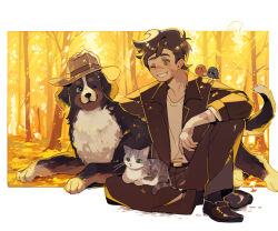 1boy animal animal_on_shoulder animalization animification belt bernese_mountain_dog bird bird_on_shoulder border brown_coat brown_hair brown_hat brown_pants brown_shoes cat coat commentary dog english_commentary goodtimeswithscar green_eyes grey_cat grian_(youtuber) hat hermitcraft jellie_(hermitcraft) luminous_slime male_focus minecraft_youtube mumbo_jumbo_(youtuber) outdoors pants scar shirt shoes short_hair solo_focus tree white_border white_shirt
