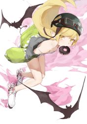 1girl absurdres alternate_costume animal bare_legs bat_(animal) blonde_hair breasts donut dress food goggles goggles_on_head green_jacket helmet highres jacket long_hair long_sleeves looking_at_viewer monogatari_(series) mouth_hold oshin0_(zheng) oshino_shinobu pointy_ears shoes simple_background small_breasts solo spaghetti_strap strap_slip white_background white_dress white_shoes yellow_eyes