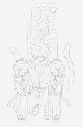 Rule 34 | 1boy, 2girls, absurdres, animal ear fluff, animal ears, blunt bangs, bukurote, entrance ceremony, father and daughter, full body, grey hair, hair ornament, hair over one eye, hairclip, hat, highres, lineart, looking at viewer, monochrome, multiple girls, open mouth, original, simple background, sketch, skirt, smile, tail, tiger boy, tiger ears, tiger girl, tiger tail