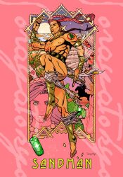 1boy 1girl arm_tattoo barefoot belt bracer braid character_name full_body gem green_eyes green_gemstone jewelry jojo_no_kimyou_na_bouken long_hair male_focus muscular muscular_male native_american necklace nipples pink_background pink_hair red_hair sandman&#039;s_sister_(sbr) sandman_(sbr) silhouette snake_tattoo steel_ball_run tanaka_kaori tattoo twin_braids vambraces weapon