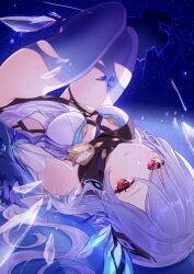 1girl bare_shoulders black_thighhighs blush breasts cleavage closed_mouth commentary_request crack cracked_background detached_sleeves dress genshin_impact grey_hair hair_between_eyes hair_ornament highres long_hair looking_at_viewer lying medium_breasts on_back red_eyes saeki_pcwtr8422 skirk_(genshin_impact) sky solo star_(sky) starry_sky thighhighs white_dress