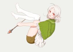 1girl absurdres blue_background blush brown_shorts dress elf from_side full_body green_shawl haoyihe highres holding holding_wand kneehighs legs_up looking_at_viewer mushoku_tensei open_mouth pointy_ears red_eyes shorts simple_background smile socks solo sylphiette_(mushoku_tensei) wand white_dress white_hair white_socks