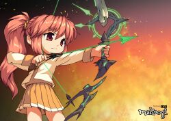 1girl aiming arrow_(projectile) bow_(weapon) hairband highres holding holding_bow_(weapon) holding_weapon mabinogi mari_gwydion pink_hair ponytail punidayo red_eyes solo weapon yellow_hairband