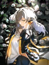Rule 34 | absurdres, black jacket, flower, gloves, grey hair, highres, honkai: star rail, honkai (series), jacket, long hair, long sleeves, mochi upamo, shirt, skirt, stelle (honkai: star rail), trailblazer (honkai: star rail), white shirt, wind, yellow eyes