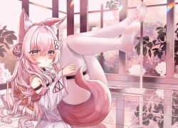 1girl animal_ear_fluff animal_ears black_choker blurry blurry_background blush braid braided_bun building choker closed_mouth coat collared_shirt commentary_request crossed_bangs crown_braid day double-parted_bangs embarrassed feet flower fox_ears full_body hair_between_eyes hair_bun hair_spread_out hakui_koyori hexagon_hair_ornament hololive indoors lab_coat legs_up lens_flare long_bangs long_hair long_sleeves lying multicolored_eyes necktie no_pants no_shoes nose_blush off_shoulder on_floor pantyhose pillow pink_eyes pink_hair pink_necktie pink_theme plant pocket purple_eyes raised_inner_eyebrows reflective_floor shirt single_side_bun sleeveless sleeveless_shirt soles solo tail tail_censor thigh_strap tile_floor tiles toes two-tone_eyes virtual_youtuber white_coat white_flower white_pantyhose white_shirt window zserty555