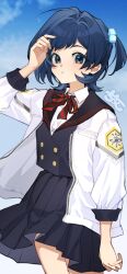 1girl belle_(zenless_zone_zero) black_sailor_collar black_skirt black_vest blue_eyes blue_hair blush bow bowtie choco_c14 cloud commentary_request cowboy_shot cube_hair_ornament day hair_ornament jacket long_sleeves looking_at_viewer one_side_up open_clothes open_jacket outdoors parted_lips pleated_skirt sailor_collar school_uniform shirt skirt sky solo striped_bow striped_bowtie striped_clothes vest white_jacket white_shirt zenless_zone_zero