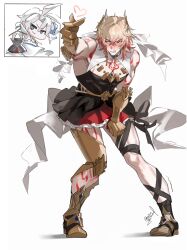 Rule 34 | absurdres, arm tattoo, armored boots, armored gloves, blonde hair, boots, braid, character request, chest tattoo, crossdressing, embarrassed, finger heart, full body, gold armlet, gradient hair, hair between eyes, highres, honkai: star rail, honkai (series), jewelry, looking to the side, male focus, medium hair, multicolored hair, muscular, muscular male, mydei (honkai: star rail), noiruground, red tattoo, side braid, simple background, tattoo, white background, yellow eyes
