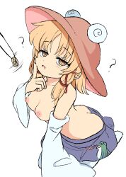 1girl ? @_@ absurdres animal_print ass bare_shoulders blonde_hair blush breasts brown_hat coin coin_on_string detached_sleeves drooling finger_to_cheek frog_print hair_ribbon hand_up hat highres holed_coin hypnosis index_finger_raised long_sleeves mind_control moriya_suwako mouth_drool nipples open_mouth pendulum purple_skirt pyonta ramudia_(lamyun) ribbon short_hair simple_background sitting skirt solo spoken_question_mark symbol-shaped_pupils thighhighs topless_female touhou wariza white_background white_sleeves wide_sleeves yellow_eyes