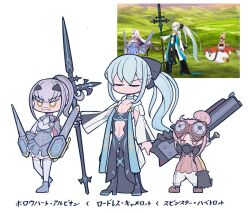 Rule 34 | 3girls, black bow, bow, closed eyes, fate/grand order, fate (series), habetrot (fate), hair between eyes, hair bow, long hair, lrl23wznet74220, melusine (fate), melusine (second ascension) (fate), morgan le fay (fate), multiple girls, pink eyes, polearm, ponytail, simple background, spear, standing, weapon, white hair