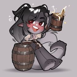 1girl alcohol animal_feet animal_hands bare_legs barefoot barrel beer beer_mug belt belt_buckle black_belt black_hair black_horns black_tail blush bracer breasts bright_pupils brown_skirt buckle chibi claws cleavage collared_shirt commission cup dragon_girl dragon_horns dragon_tail drunk eyes_visible_through_hair furry furry_female gradient_hair grey_background grey_hair happy high-waist_skirt highres holding holding_cup horns large_breasts leaning long_hair miniskirt mug multicolored_hair open_mouth original parted_bangs pencil_skirt pointy_ears red_eyes shadow shirt short_sleeves signature simple_background skirt smile solo spiked_tail squeans swept_bangs tail teeth two-tone_hair upper_teeth_only very_long_hair white_pupils white_shirt wikate