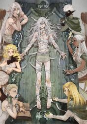 2boys 5girls absurdres arianna_327 arm_tattoo bags_under_eyes bandage_over_one_eye bandages bare_shoulders black_eyes black_skin blonde_hair blue_eyes book braid breasts chest_tattoo choker cithis cleavage cloak colored_skin dark-skinned_female dark_elf dark_skin dungeon_meshi elbow_rest elf facial_mark flamela fleki forehead_mark gloves gorget green_cloak green_eyes grey_hair hair_around_ear highres holding holding_wand hood hooded_cloak jewelry long_hair long_sleeves looking_at_another low_twintails lycion lying mithrun multiple_boys multiple_girls multiple_scars nipples notched_ear on_back on_chair on_table open_book otta_(dungeon_meshi) pattadol pointy_ears purple_eyes red_eyes scar scars_all_over shirt short_hair single_glove sitting skirt table tattoo too_many topless_male tunic twintails very_short_hair wand white_hair yellow_eyes