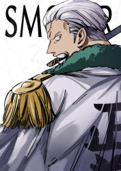 1boy absurdres back brown_eyes character_name cigar coat coat_on_shoulders commentary_request english_text epaulettes grey_hair highres looking_back male_focus military_uniform mouth_hold one_piece open_mouth santagawa scar scar_on_face short_hair smoker_(one_piece) solo teeth